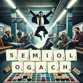 Kreatywna ilustracja do gry w Scrabble ze słowem SEMIOLOGACH ułożonym z płytek na planszy.