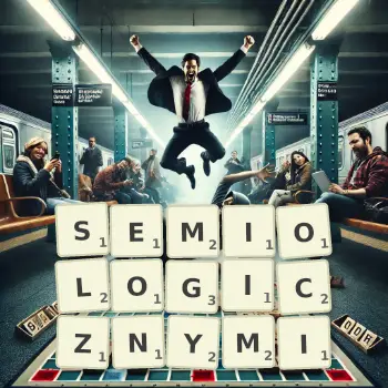 Kreatywna ilustracja do gry w Scrabble ze słowem SEMIOLOGICZNYMI ułożonym z płytek na planszy.