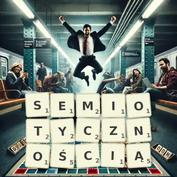 Kreatywna ilustracja do gry w Scrabble ze słowem SEMIOTYCZNOŚCIĄ ułożonym z płytek na planszy.