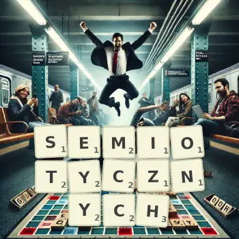 Kreatywna ilustracja do gry w Scrabble ze słowem SEMIOTYCZNYCH ułożonym z płytek na planszy.