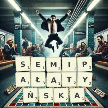 Kreatywna ilustracja do gry w Scrabble ze słowem SEMIPAŁATYŃSKA ułożonym z płytek na planszy.