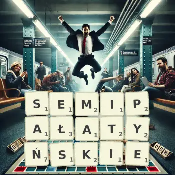 Kreatywna ilustracja do gry w Scrabble ze słowem SEMIPAŁATYŃSKIE ułożonym z płytek na planszy.