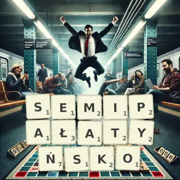 Kreatywna ilustracja do gry w Scrabble ze słowem SEMIPAŁATYŃSKO ułożonym z płytek na planszy.