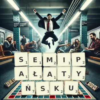 Kreatywna ilustracja do gry w Scrabble ze słowem SEMIPAŁATYŃSKU ułożonym z płytek na planszy.