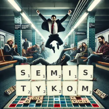 Kreatywna ilustracja do gry w Scrabble ze słowem SEMISTYKOM ułożonym z płytek na planszy.