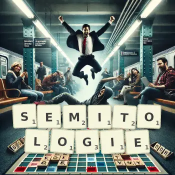 Kreatywna ilustracja do gry w Scrabble ze słowem SEMITOLOGIE ułożonym z płytek na planszy.