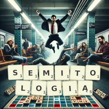 Kreatywna ilustracja do gry w Scrabble ze słowem SEMITOLOGIĄ ułożonym z płytek na planszy.