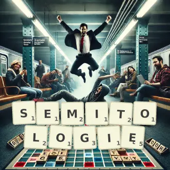 Kreatywna ilustracja do gry w Scrabble ze słowem SEMITOLOGIĘ ułożonym z płytek na planszy.