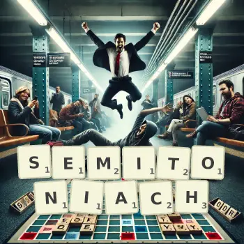 Kreatywna ilustracja do gry w Scrabble ze słowem SEMITONIACH ułożonym z płytek na planszy.