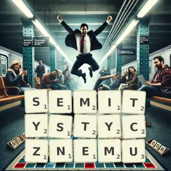 Kreatywna ilustracja do gry w Scrabble ze słowem SEMITYSTYCZNEMU ułożonym z płytek na planszy.