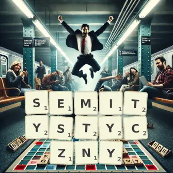Kreatywna ilustracja do gry w Scrabble ze słowem SEMITYSTYCZNY ułożonym z płytek na planszy.