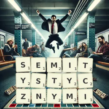 Kreatywna ilustracja do gry w Scrabble ze słowem SEMITYSTYCZNYMI ułożonym z płytek na planszy.