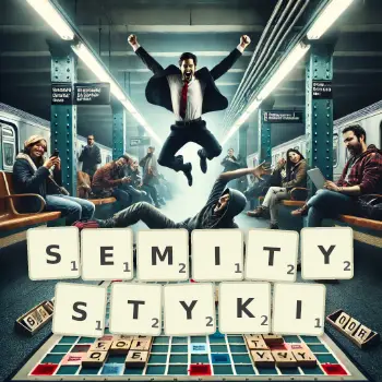 Kreatywna ilustracja do gry w Scrabble ze słowem SEMITYSTYKI ułożonym z płytek na planszy.