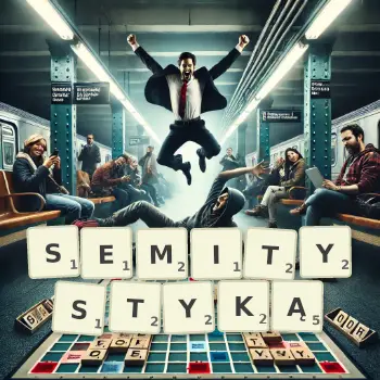 Kreatywna ilustracja do gry w Scrabble ze słowem SEMITYSTYKĄ ułożonym z płytek na planszy.
