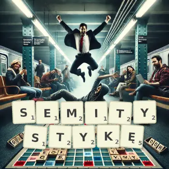 Kreatywna ilustracja do gry w Scrabble ze słowem SEMITYSTYKĘ ułożonym z płytek na planszy.