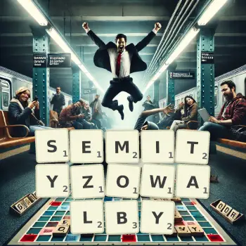 Kreatywna ilustracja do gry w Scrabble ze słowem SEMITYZOWALBY ułożonym z płytek na planszy.