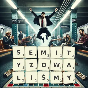Kreatywna ilustracja do gry w Scrabble ze słowem SEMITYZOWALIŚMY ułożonym z płytek na planszy.