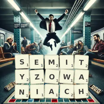 Kreatywna ilustracja do gry w Scrabble ze słowem SEMITYZOWANIACH ułożonym z płytek na planszy.