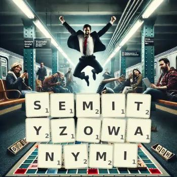 Kreatywna ilustracja do gry w Scrabble ze słowem SEMITYZOWANYMI ułożonym z płytek na planszy.