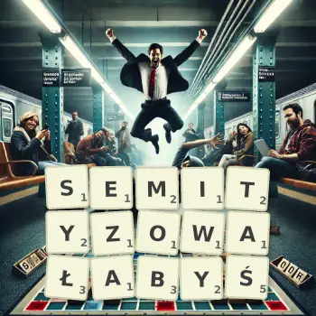 Kreatywna ilustracja do gry w Scrabble ze słowem SEMITYZOWAŁABYŚ ułożonym z płytek na planszy.