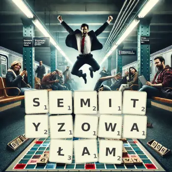 Kreatywna ilustracja do gry w Scrabble ze słowem SEMITYZOWAŁAM ułożonym z płytek na planszy.