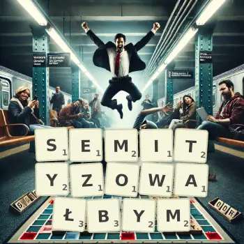 Kreatywna ilustracja do gry w Scrabble ze słowem SEMITYZOWAŁBYM ułożonym z płytek na planszy.