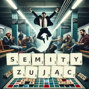 Kreatywna ilustracja do gry w Scrabble ze słowem SEMITYZUJĄC ułożonym z płytek na planszy.