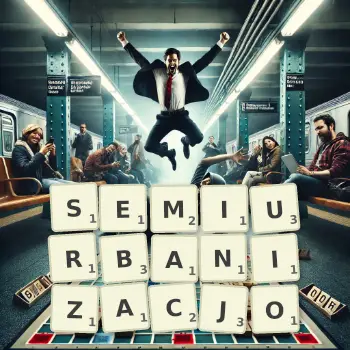 Kreatywna ilustracja do gry w Scrabble ze słowem SEMIURBANIZACJO ułożonym z płytek na planszy.