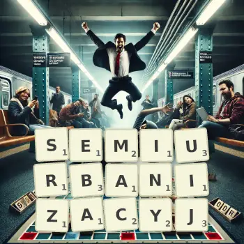 Kreatywna ilustracja do gry w Scrabble ze słowem SEMIURBANIZACYJ ułożonym z płytek na planszy.
