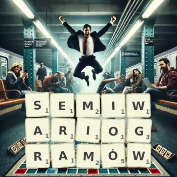 Kreatywna ilustracja do gry w Scrabble ze słowem SEMIWARIOGRAMÓW ułożonym z płytek na planszy.