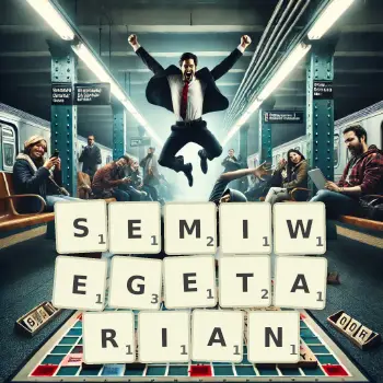 Kreatywna ilustracja do gry w Scrabble ze słowem SEMIWEGETARIAN ułożonym z płytek na planszy.