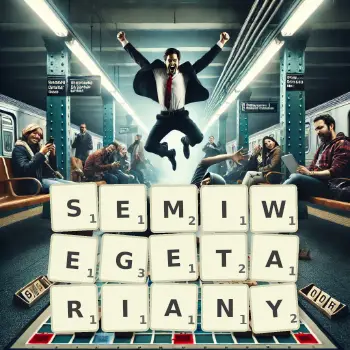 Kreatywna ilustracja do gry w Scrabble ze słowem SEMIWEGETARIANY ułożonym z płytek na planszy.
