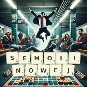 Kreatywna ilustracja do gry w Scrabble ze słowem SEMOLINOWEJ ułożonym z płytek na planszy.