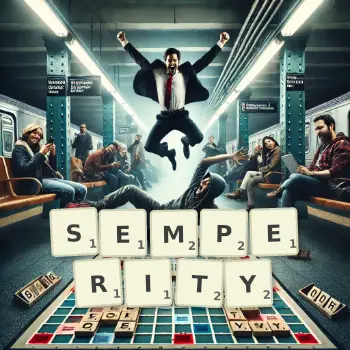 Kreatywna ilustracja do gry w Scrabble ze słowem SEMPERITY ułożonym z płytek na planszy.