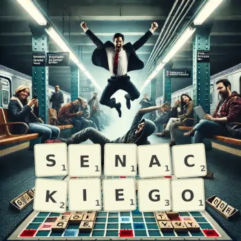 Kreatywna ilustracja do gry w Scrabble ze słowem SENACKIEGO ułożonym z płytek na planszy.