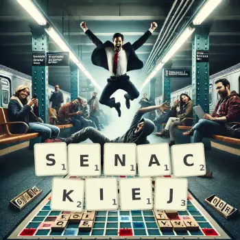 Kreatywna ilustracja do gry w Scrabble ze słowem SENACKIEJ ułożonym z płytek na planszy.