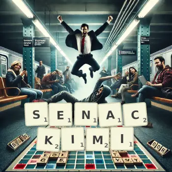 Kreatywna ilustracja do gry w Scrabble ze słowem SENACKIMI ułożonym z płytek na planszy.