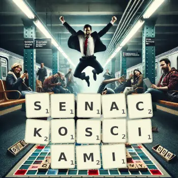 Kreatywna ilustracja do gry w Scrabble ze słowem SENACKOSCIAMI ułożonym z płytek na planszy.