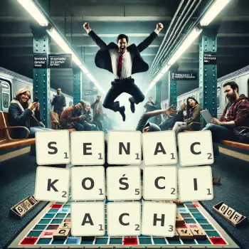 Kreatywna ilustracja do gry w Scrabble ze słowem SENACKOŚCIACH ułożonym z płytek na planszy.