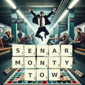 Kreatywna ilustracja do gry w Scrabble ze słowem SENARMONTYTOW ułożonym z płytek na planszy.