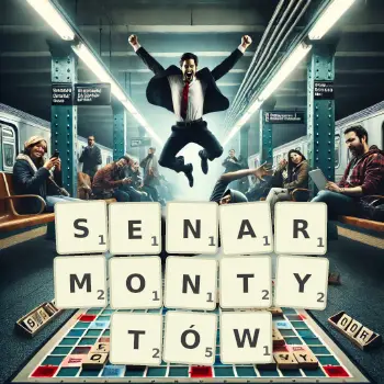 Kreatywna ilustracja do gry w Scrabble ze słowem SENARMONTYTÓW ułożonym z płytek na planszy.