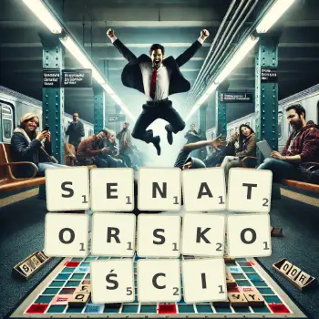 Kreatywna ilustracja do gry w Scrabble ze słowem SENATORSKOŚCI ułożonym z płytek na planszy.