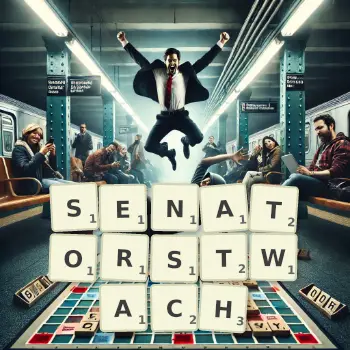 Kreatywna ilustracja do gry w Scrabble ze słowem SENATORSTWACH ułożonym z płytek na planszy.