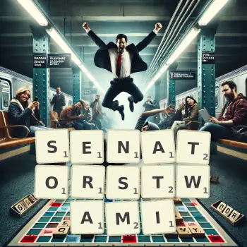 Kreatywna ilustracja do gry w Scrabble ze słowem SENATORSTWAMI ułożonym z płytek na planszy.
