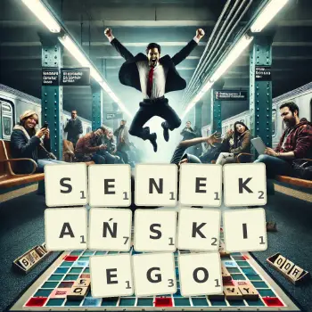 Kreatywna ilustracja do gry w Scrabble ze słowem SENEKAŃSKIEGO ułożonym z płytek na planszy.