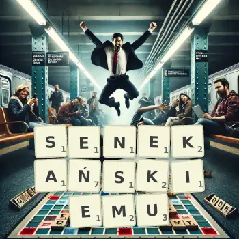 Kreatywna ilustracja do gry w Scrabble ze słowem SENEKAŃSKIEMU ułożonym z płytek na planszy.