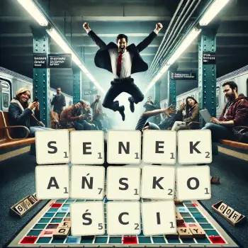 Kreatywna ilustracja do gry w Scrabble ze słowem SENEKAŃSKOŚCI ułożonym z płytek na planszy.