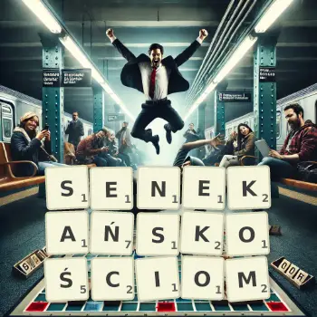 Kreatywna ilustracja do gry w Scrabble ze słowem SENEKAŃSKOŚCIOM ułożonym z płytek na planszy.
