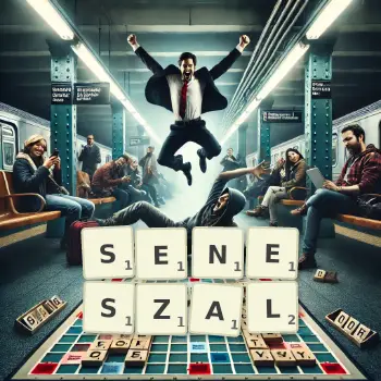 Kreatywna ilustracja do gry w Scrabble ze słowem SENESZAL ułożonym z płytek na planszy.