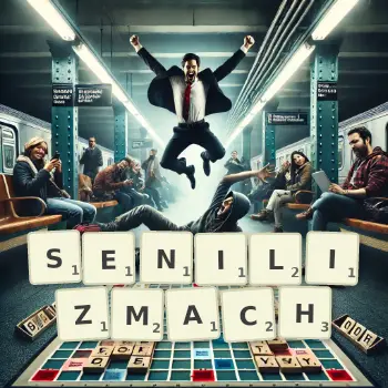 Kreatywna ilustracja do gry w Scrabble ze słowem SENILIZMACH ułożonym z płytek na planszy.